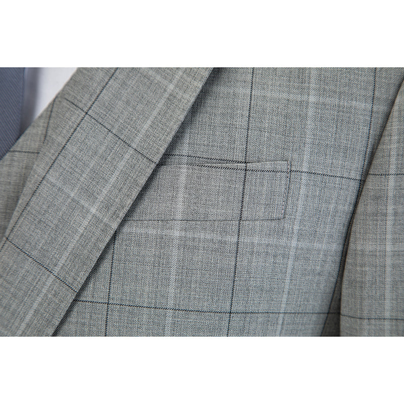 Light Grey Plaid Wool 3 Piece Suit - Yoosuitan