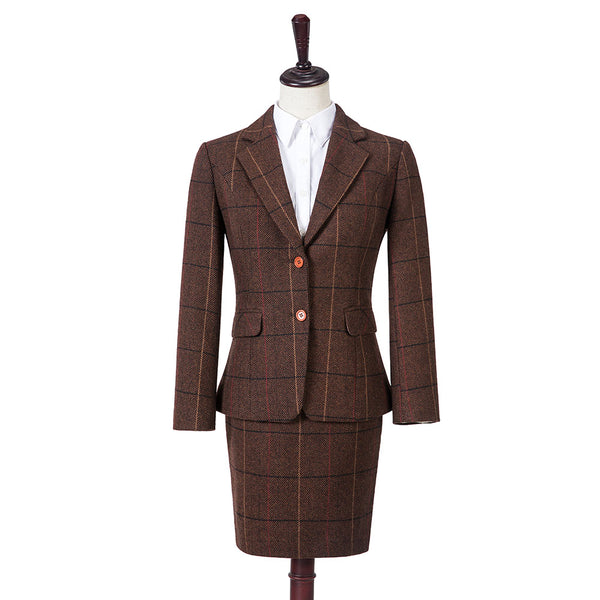 Brown Overcheck Herringbone Tweed 3 Piece Women Suit