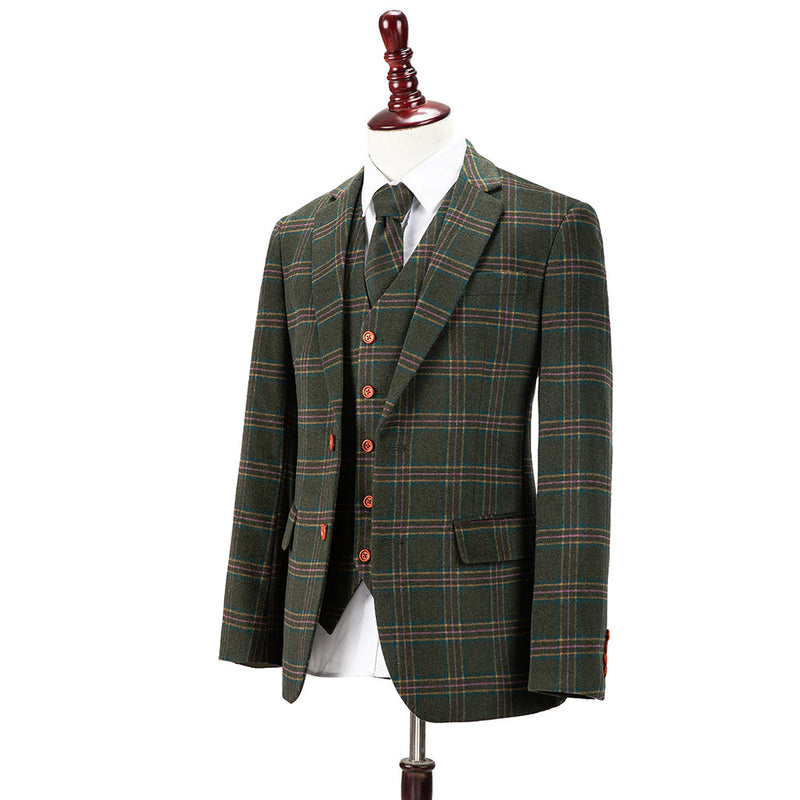 Green Overcheck Twill Tweed 3 Piece Suit