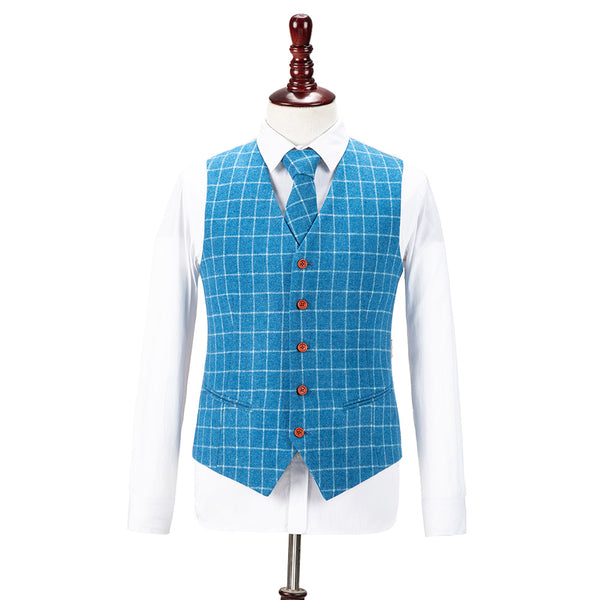 Light Blue Overcheck Twill Tweed Vest