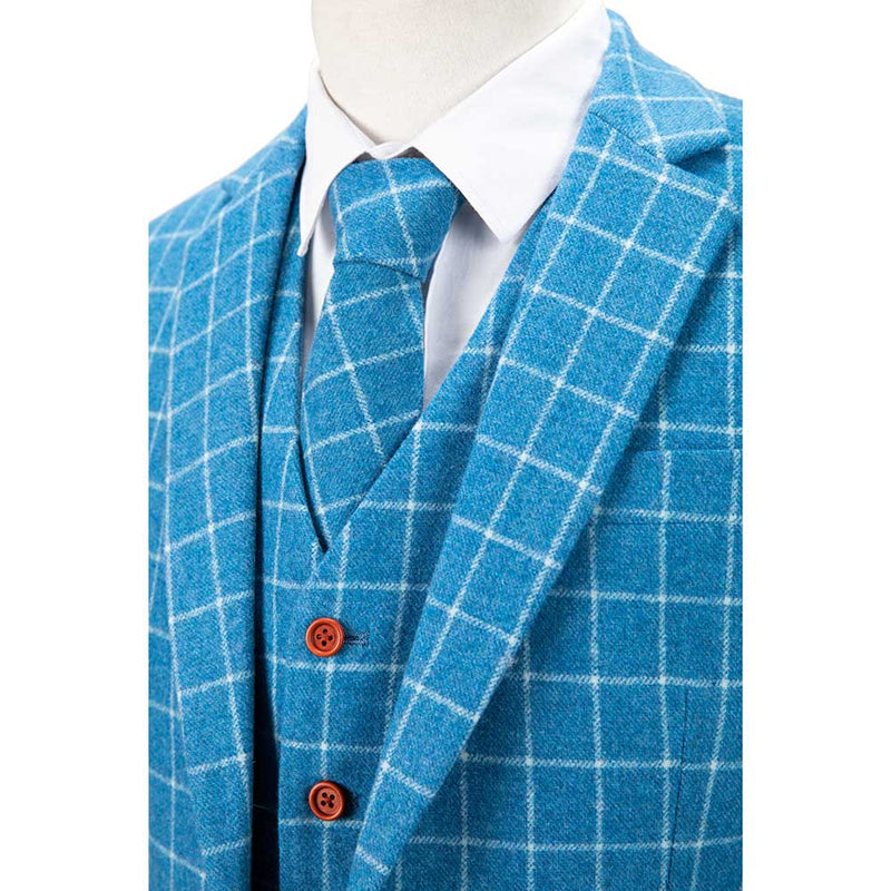 Light Blue Overcheck Twill Tweed 3 Piece Suit