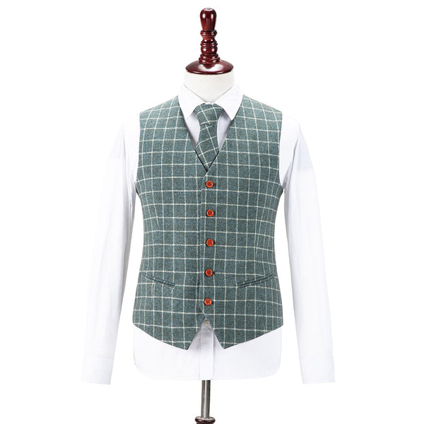 Light Green Overcheck Twill Tweed Vest