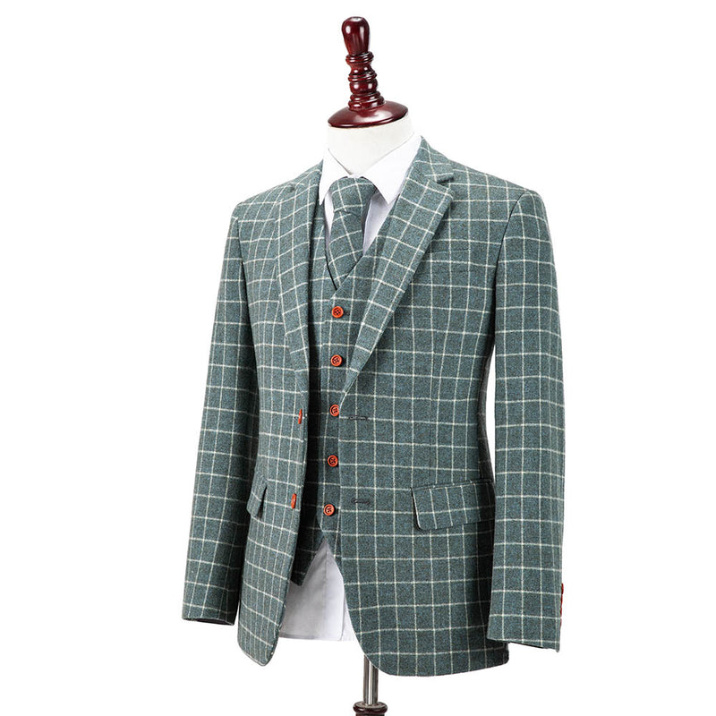 Light Green Overcheck Twill Tweed 3 Piece Suit