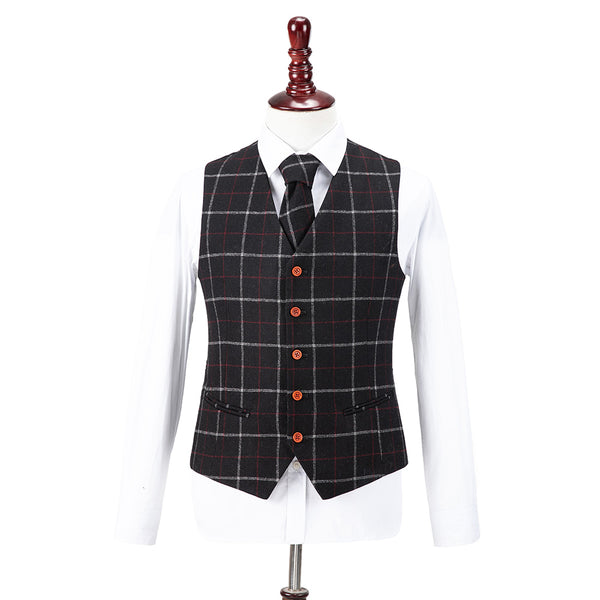 Black Plaid Overcheck Twill Tweed Vest