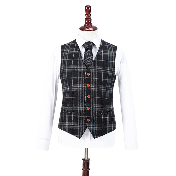 Black Plaid Overcheck Tweed Vest