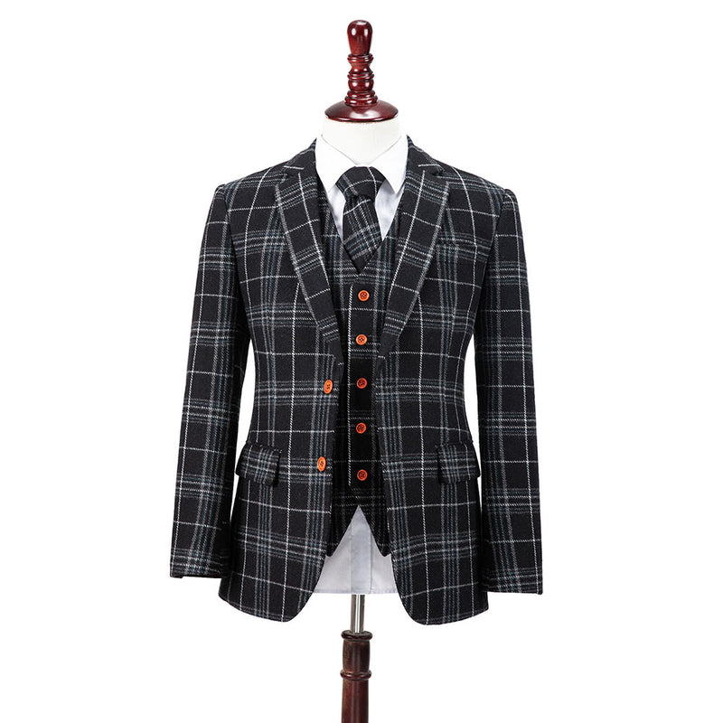 Black Plaid Overcheck Tweed 3 Piece Suit