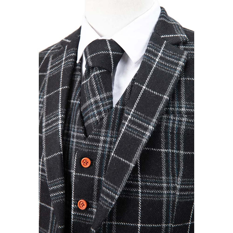 Black Plaid Overcheck Tweed 3 Piece Suit