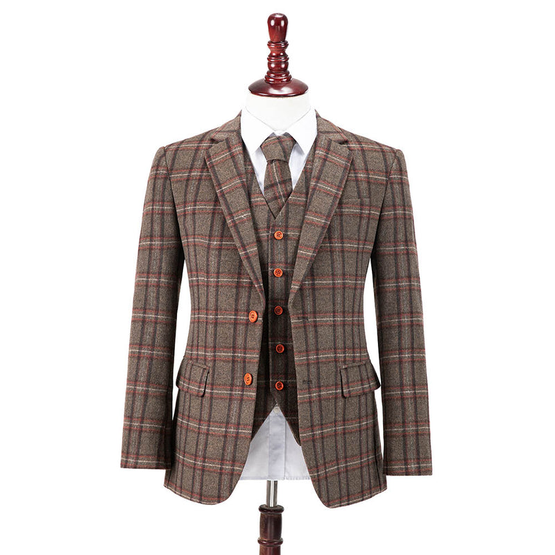 Brown Overcheck Twill Tweed 3 Piece Suit