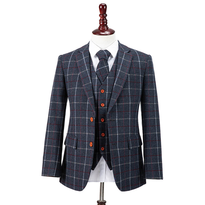 Dark Blue Windowpane Tweed 3 Piece Suit