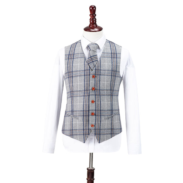 Light Grey Plaid Overcheck Tweed Vest