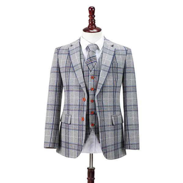 Light Grey Plaid Overcheck Tweed 3 Piece Suit