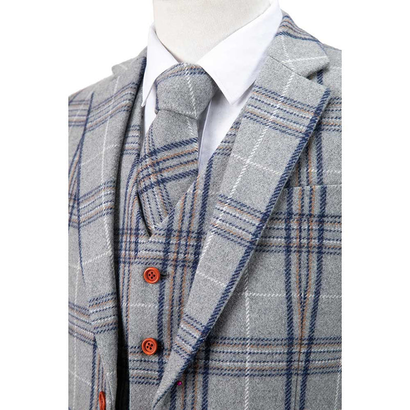 Light Grey Plaid Overcheck Tweed 3 Piece Suit