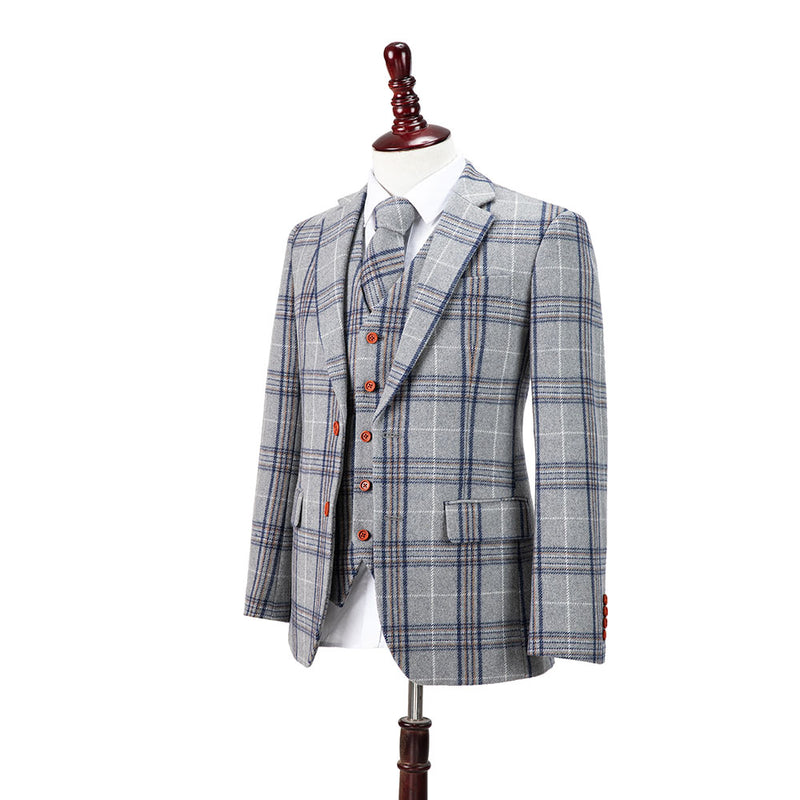 Light Grey Plaid Overcheck Tweed 3 Piece Suit