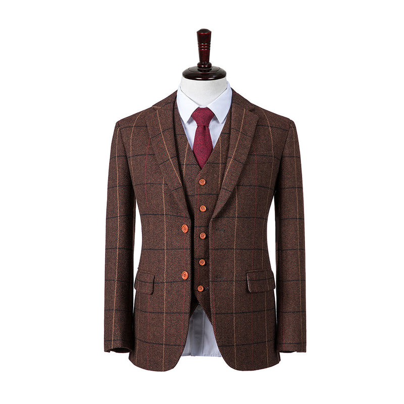 Brown Overcheck Herringbone Tweed 3 Piece Suit - Yoosuitan