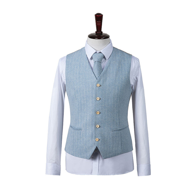 Light Blue Herringbone Stripe Tweed 3 Piece Suit - Yoosuitan