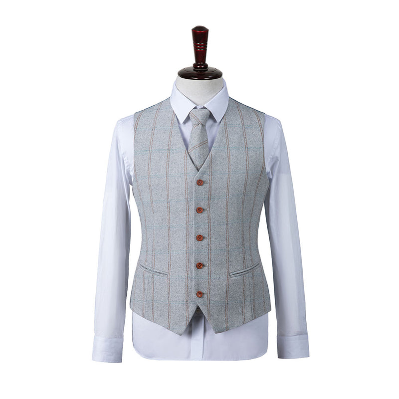 Light Grey Overcheck Herringbone Tweed 3 Piece Suit - Yoosuitan