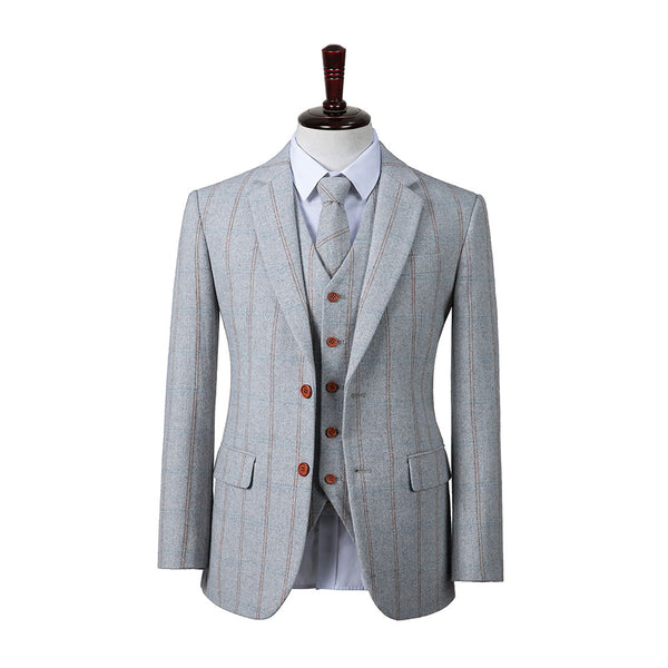 Light Grey Overcheck Herringbone Tweed 3 Piece Suit - Yoosuitan