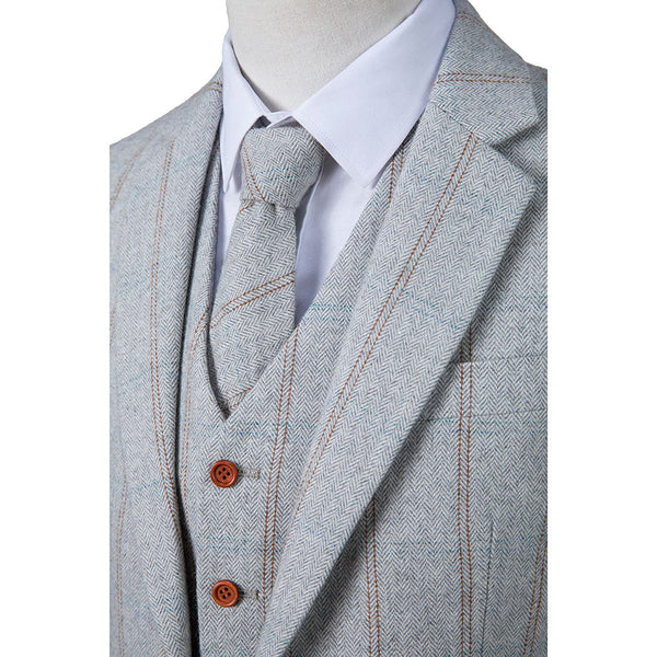 Light Grey Overcheck Herringbone Tweed 3 Piece Suit - Yoosuitan