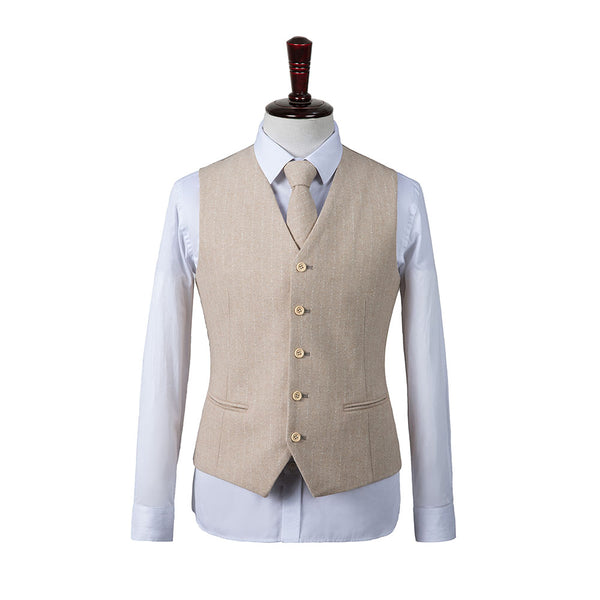 Interior of beige herringbone striped three-piece tweed suit