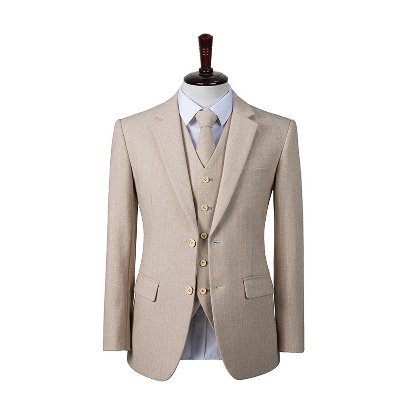 Beige Herringbone Stripe Tweed 3 Piece Suit