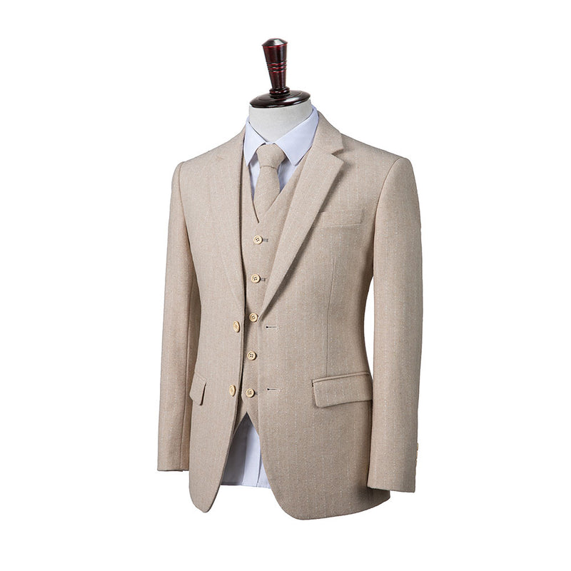 Beige Herringbone Stripe Tweed 3 Piece Suit Upper