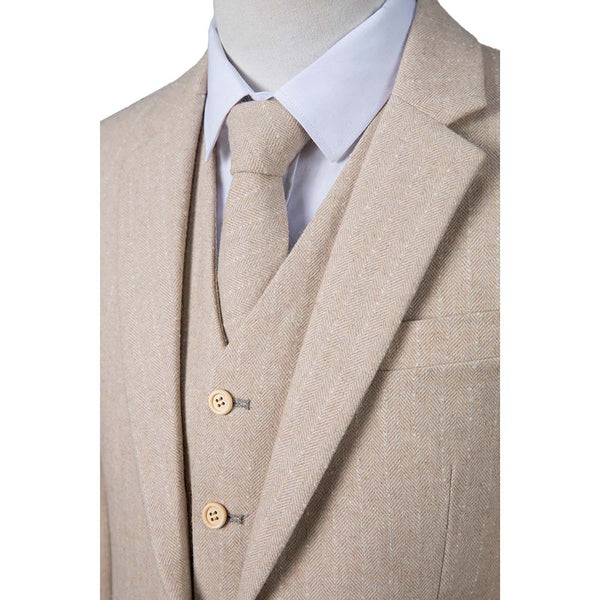 Beige Herringbone Stripe Tweed 3 Piece Suit detial