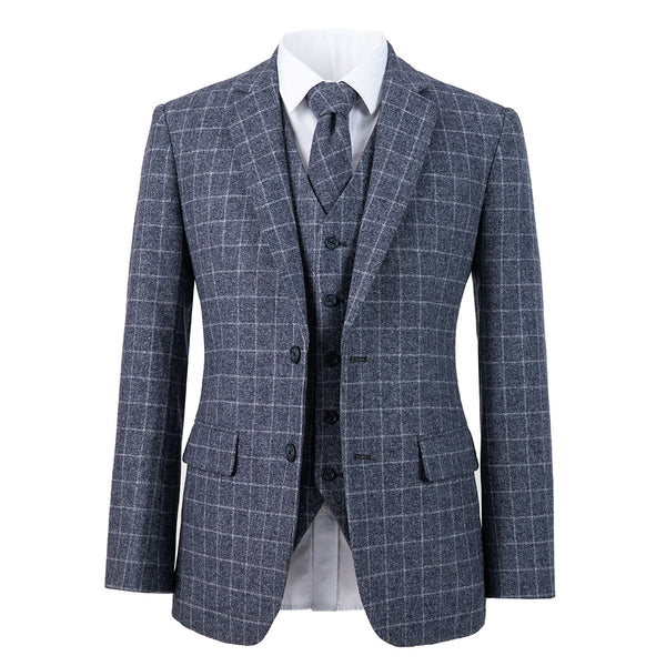 Blue Windowpane Tweed 3 Piece Suit - Yoosuitan