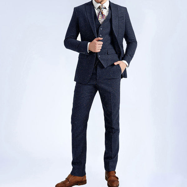 Navy Barleycorn Colored Dots Tweed 3 Piece Suit - Yoosuitan