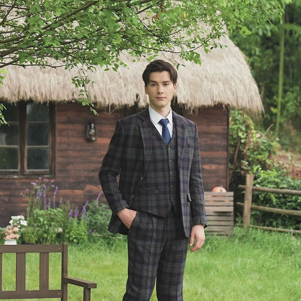 Navy Blue Grey Windowpane Twill Tweed 3 Piece Suit